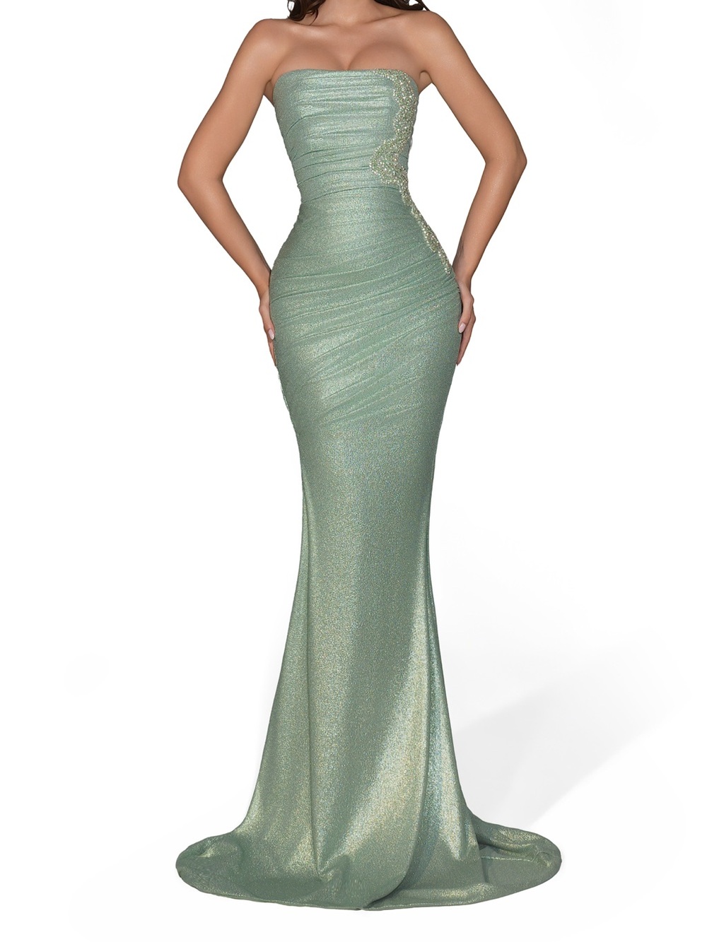 Strapless Shimmery Seafoam Green Evening Gown